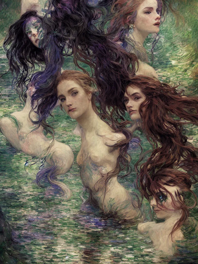 Image similar to illustration studio portrait of three dark beautiful mermaids female energy in artistic poses in the river at the forest, monet painterly motives and textures pattern, hyper detailed, octane render, vivid colors, artstation, by jeremy mann, by alphonse mucha, by monet