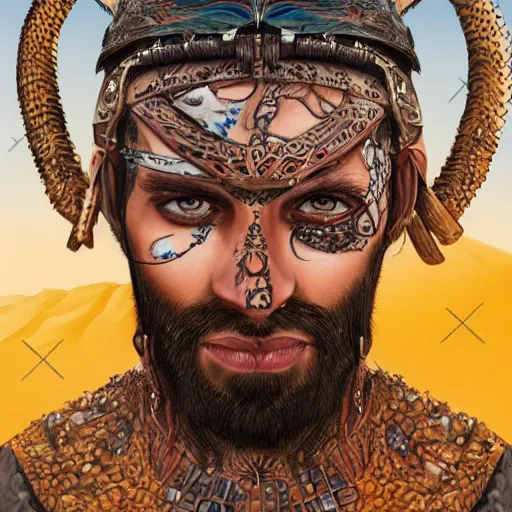 Image similar to a detailed portrait of desert warrior with face tattoos, fantasy art illustration, incredibly highly detailed and realistic, 8 k, sharp focus