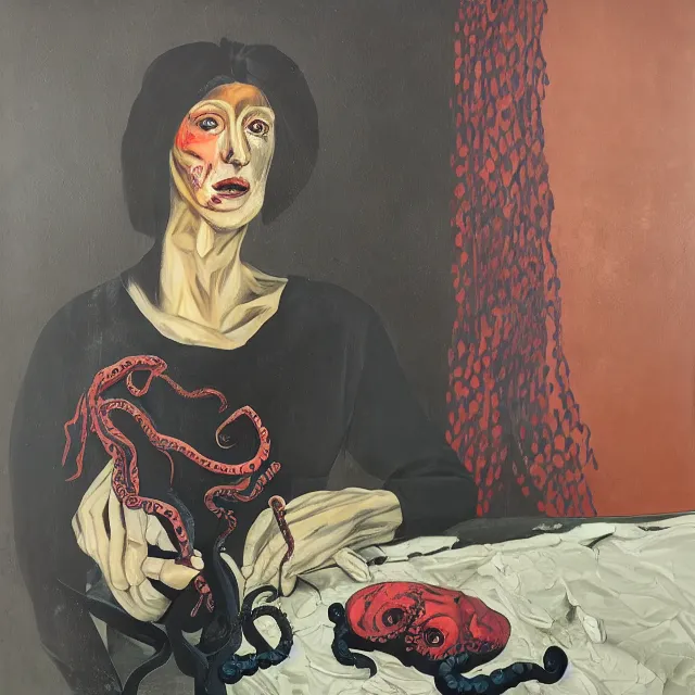 Prompt: empty room with black walls, a portrait of a female pathologist holding an octopus, wilted flowers, pomegranate, squashed berries, neo - expressionism, surrealism, acrylic and spray paint and oilstick on canvas