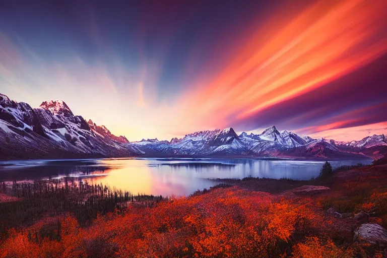 Prompt: amazing landscape photo of mountains with lake in sunset by marc adamus, beautiful, dramatic lighting