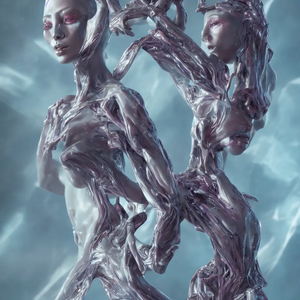 Prompt: a beatiful alien woman from the five dimension of love and spiritual power, she is mystic and powerful, ultrarealistic, detailed painting, mate painting, octane render, 8K 3D