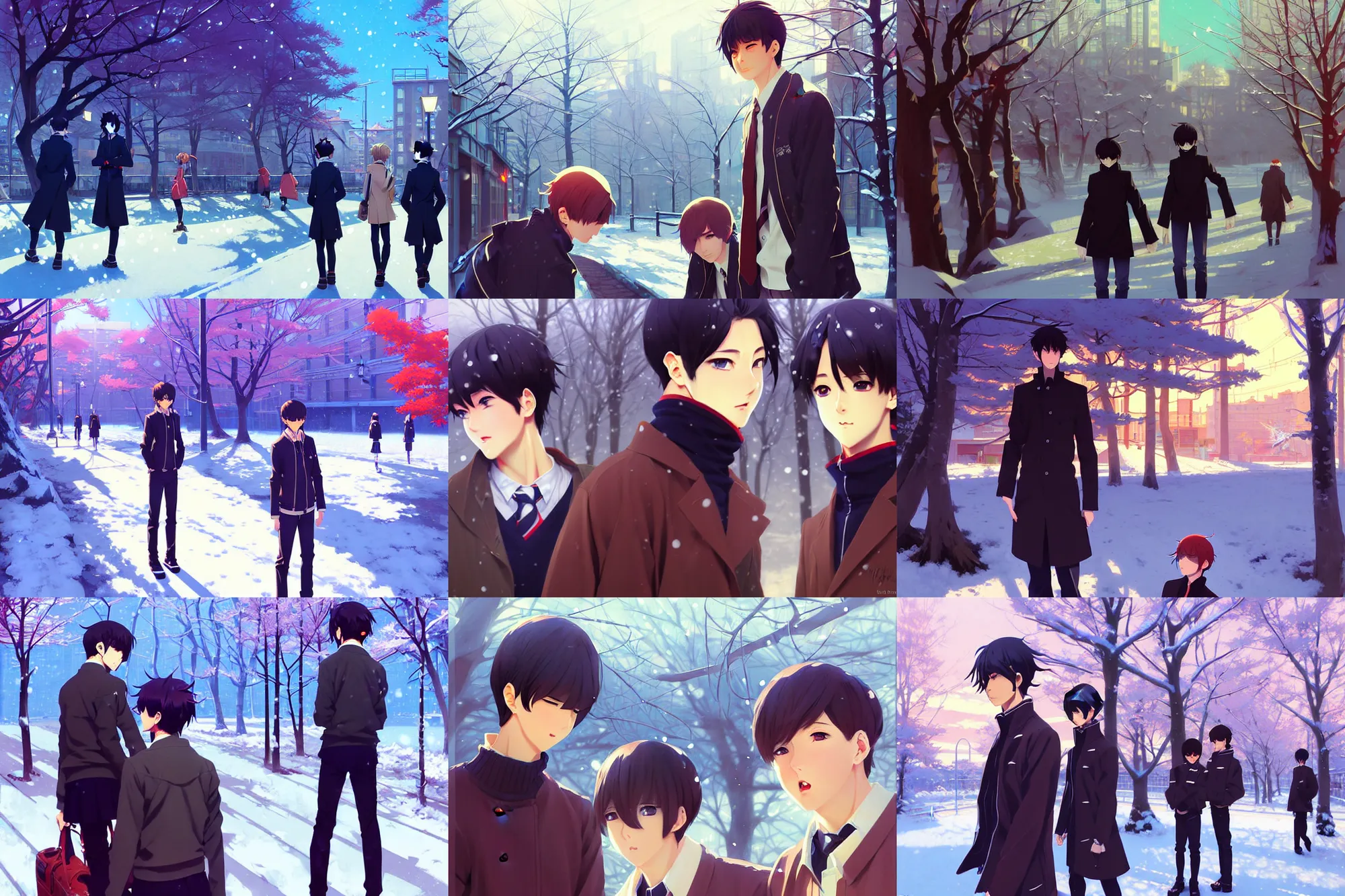 Prompt: boy's love anime high school winter noon city, high detail concept art, perfect proportions fine face, tall handsome guys, close together romantic undertones, avant uniform, vivid colors, realistic shaded lighting poster fantasy art ilya kuvshinov, katsuhiro, jeremy lipking and michael germash, makoto shinkai, loish and clamp style, best selling artist