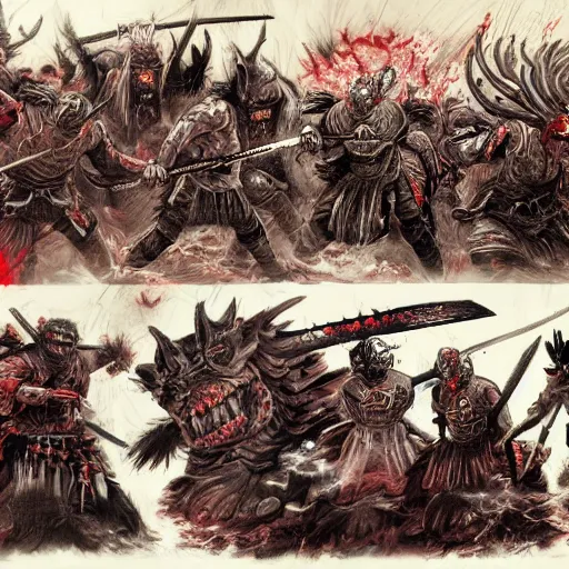 Prompt: Ancient samurai fighting demons in hell, blood and gore, fire, video game concept art