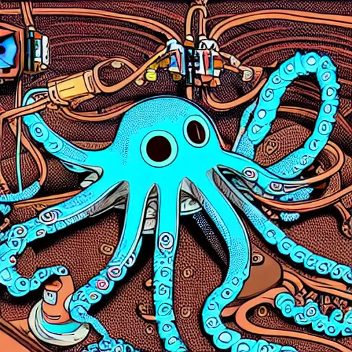 Prompt: detailed, intricate, colour, comic style illustration of a robotic octopus with audio jack cable tentacles, inside a huge music studio cave