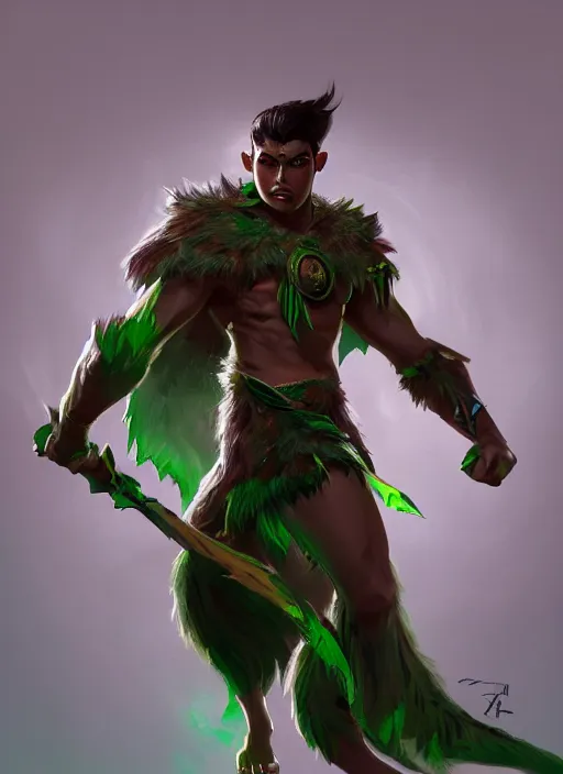 Image similar to a highly detailed illustration of fierce attractive young tanned green haired tribal boy wearing green wolf cape, heroic wielding club pose, muscular, intricate, elegant, highly detailed, centered, digital painting, artstation, concept art, smooth, sharp focus, league of legends concept art, wlop