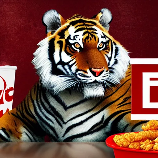 Prompt: A tiger eating fried chicken at KFC, 4k, detailed