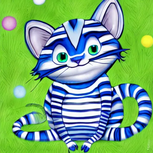 Prompt: cute blue striped cheshire cat. an adorable cat with light blue stripes, blue eyes and a mischievous smile. stunning digital art by eva balloon. fluffy, soft