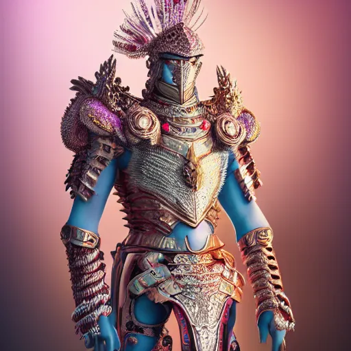 Image similar to a majestic soman wearing an intricate and detailed armor made of candy floss. layers. textures. delicate. elaborate. studio portrait. photorealistic. octane render