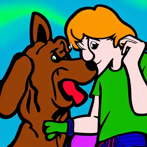 Prompt: shaggy and scooby - doo kissing, digital art