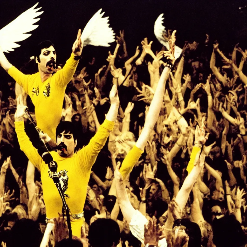 Image similar to freddie mercury singing at a death metal punk concert. mosh pit, elaborate clothing, violent rock concert yellow and white clothing, huge angel wings - s 1 5 0