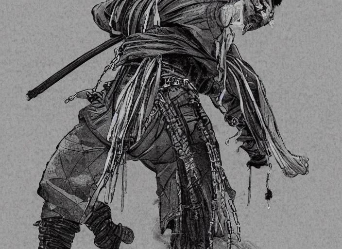 Image similar to A PORTRAIT FROM BEHIND OF A SAMURAI MAN VAGABOND WITH A MOON BEHIND HIM ,THE SAMURAI IS WRAPPED IN CHAINS, manga,detailed, studio lighting, gradation,editorial illustration, matte print, concept art, digital