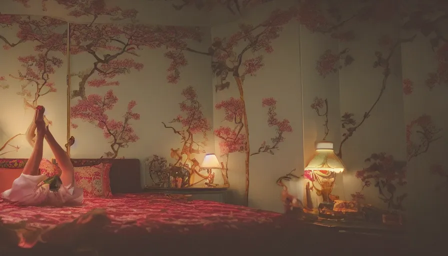 Prompt: a Wes Anderson 35mm film still of a very surreal magic cozy luxury Japanese European bedroom transforming into a magical castle garden, golden hour, clean, falling cherry blossom pedals, in the style of Gucci, James Jean color palette, glowing warm lights and floating lanterns, foggy atmosphere, rainy, moody, muted colors, magic details, high detail, high resolution, 8k, cinematic look, unreal engine, psychedelic,