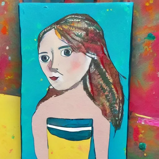 Image similar to a mixed media painting of a whimsical girl