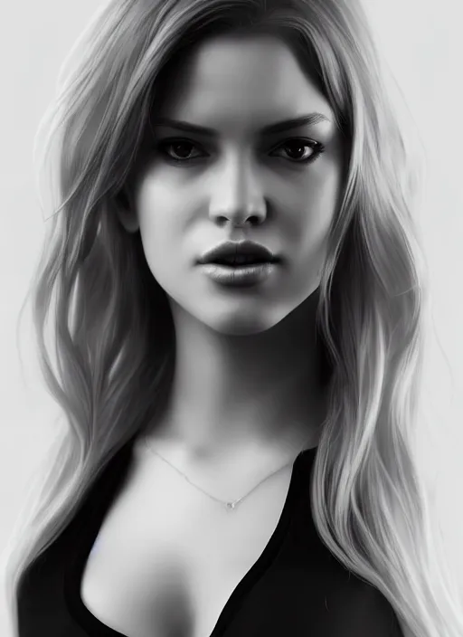 Image similar to full body portrait of a beautiful woman in black and white, photorealistic, hair down to waist, art by diego fazio and diegoKoi and artgerm, concept art, hyper sharp focus, 8k highly detailed