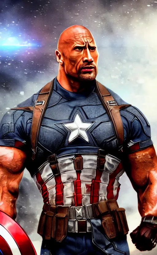 Image similar to dwayne johnson as captain america, dynamic lighting, cinematic, ultra detailed, trending on art station, stunning visuals, creative, fantasy concept art