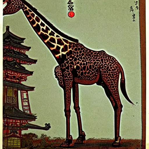 Prompt: steampunk animatronic in the shape of a giraffe, japanese painting