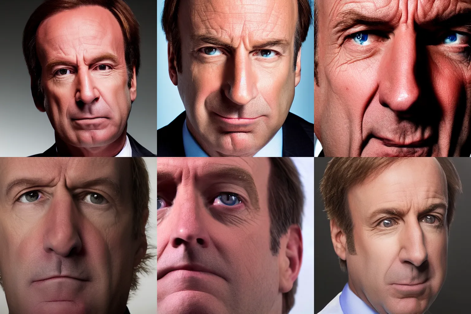 Prompt: extreme close-up portrait of saul goodman looking into the camera, studio lighting