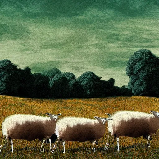 Prompt: 3 sheep on a green hill digital art