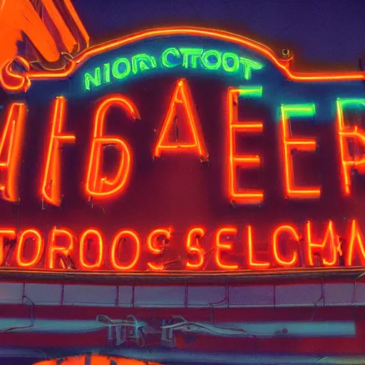 Image similar to color kodachrome photograph of an american city street in 1 9 3 2. neon sign, americana