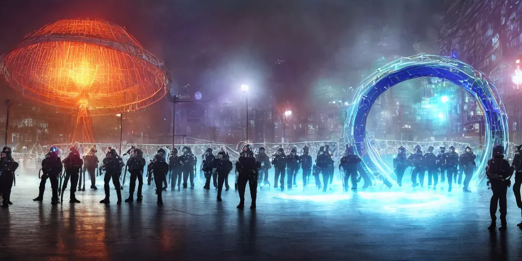 Image similar to policemen protecting a huge spiral - shaped bright luminous attractor right in the center of the city from protesting people,, rain and light fog, professional lighting, concept art in 3 d, high detail, professional lighting, 8 k, unreal engine