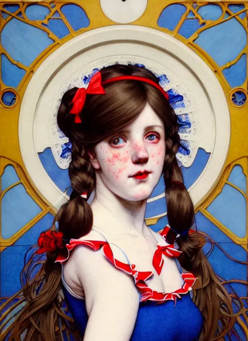 Image similar to close up portrait of wendy thomas, pale young woman with dark freckles and bright red pigtails and blue bows, blue dress with lace ruffles by artgerm, cushart krenz, greg rutkowski, mucha. art nouveau. gloomhaven, golden arches logo, pale colors, sharp edges. ultra clear detailed. 8 k. elegant, intricate, octane render