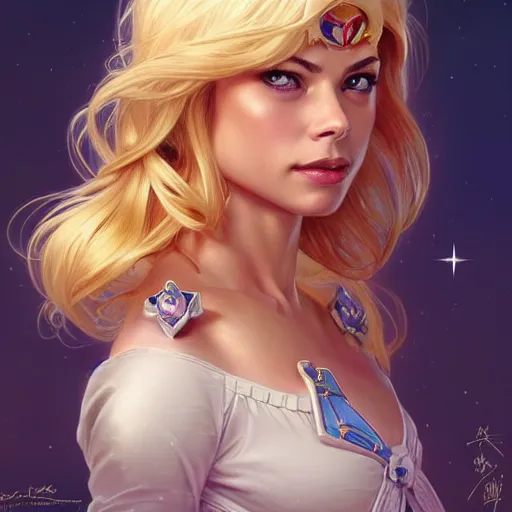 Image similar to Kristin Kreuk with blonde hair as Sailor Moon, western, D&D, fantasy, intricate, elegant, highly detailed, digital painting, artstation, concept art, matte, sharp focus, illustration, art by Artgerm and Greg Rutkowski and Alphonse Mucha