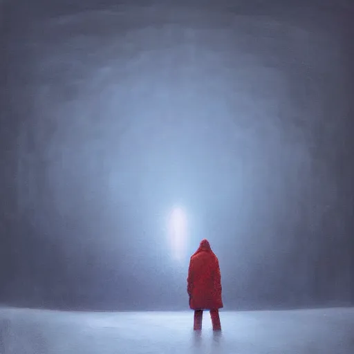 Image similar to a painting of a person standing in the snow, a surrealist painting by zdzisław beksinski and by alena aenami, deviantart, nuclear art, dystopian art, apocalypse landscape, surrealist