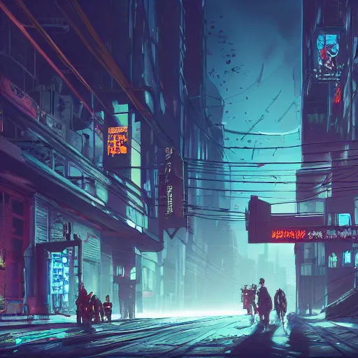 Prompt: desolate city street, shadows of cyberpunk drifters roaming lofty abandoned buildings, concept art, intricate detail, vr, cables, distortions, piping, 8 k resolution, hugh ferris, trending on artstation