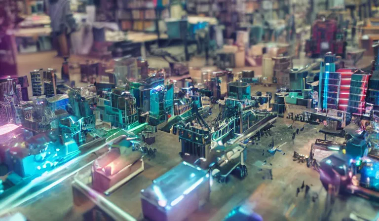 Prompt: crane shot of large group people in open warehouse, looking at hologram of futuristic city on a table, cinematic concept, godrays, golden hour, natural sunlight, 4 k, clear details, tabletop model buildings, tabletop model, ethereal hologram center, crane shot, crane shot, rule of thirds, people, people, tabletop