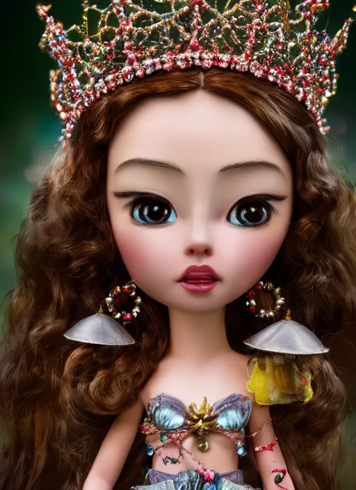 Image similar to closeup profile portrait of tin toy fairytale princess wearing a crown, bikini, depth of field, zeiss lens, detailed, symmetrical, centered, fashion photoshoot, by nicoletta ceccoli, mark ryden, lostfish, breathtaking, 8 k resolution, extremely detailed, beautiful, establishing shot, artistic, hyperrealistic, octane render