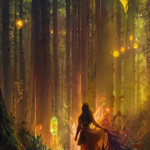 Prompt: forest , overdetailed art, by greg rutkowski, by Alfons Mucha, complementing colors, magic, colorful lights, fireflies, detailed illustration