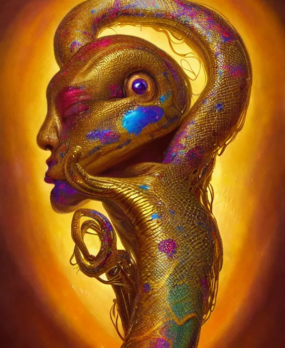 Image similar to intricate golden portrait of a disturbing beautiful alien snake creature covered in colorful crystals, mottling coloring, adorable, childlike, medical equipment hospital environment, ultra realistic, concept art, art nouveau, photorealistic, octane render, 8 k, unreal engine. art by christopher marley and artgerm and greg rutkowski and alphonse mucha