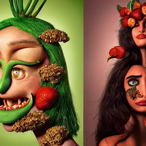 Prompt: megan fox vegan editorial by malczewski, character sculpture by arcimboldo, stil frame from'cloudy with a chance of meatballs 2'( 2 0 1 3 ) of fruit succubus, megan fox editorial by alexander mcqueen and arcimboldo