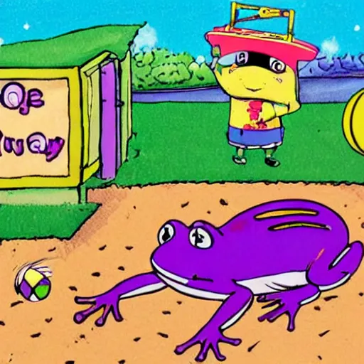 Prompt: a purple frog playing volleyball with a cat, in the style of richard scarry