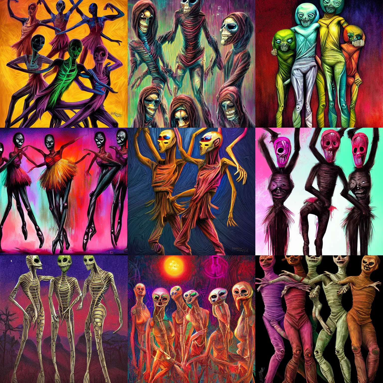 Prompt: ballet undead mummies, dark, vibrant, digital art, by magali villeneuve