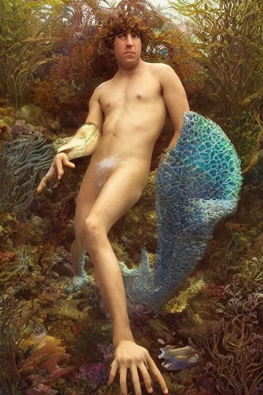 Image similar to photorealistic portrait photograph of stephen hillenburg as an ethereal aquatic merman, upper body, fantasy, handsome, depth of field, soft focus, highly detailed, intricate, realistic, national geographic cover, soft glow, textured, artstation, concept art, sharp focus, illustration, art by artgerm and greg rutkowski and alphonse mucha