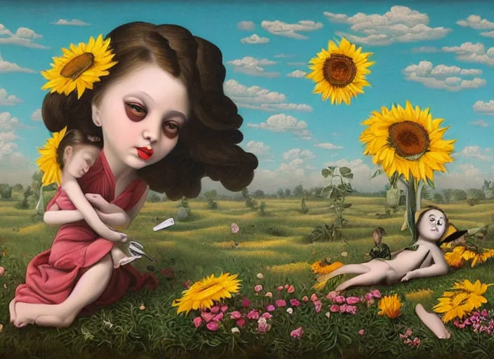 Prompt: 🌻🎹🎼, lowbrow in the style of camille rose garcia and mark ryden and salvador dali, 8 k, matte painting,