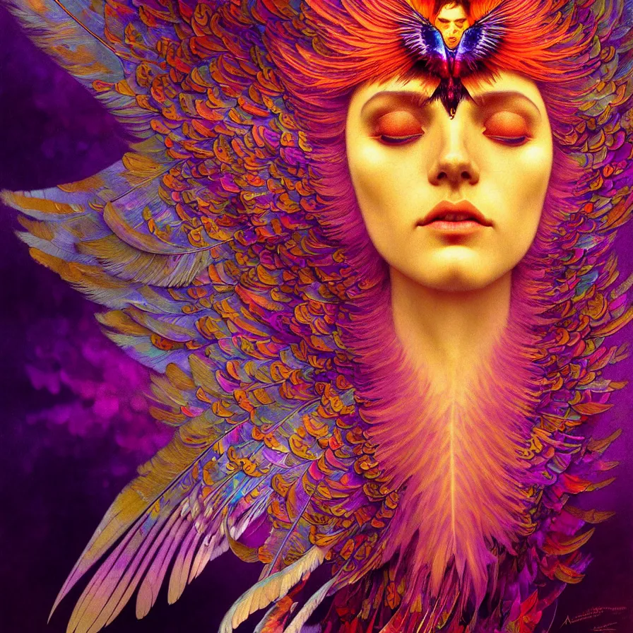 Image similar to face of innocent psychedelic transcendent feather mind bending psychedelic wings of glossy liquid honey flowing like kaleidoscopic translucent holograph, lsd feathers, feathery fluff, enlightenment, high contrast dappled lighting, refracted sunset, highly detailed, concept art, art by collier, albert aublet, krenz cushart, artem demura, alphonse mucha