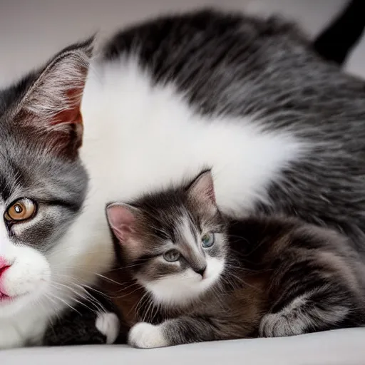 Image similar to calico cat grooming her newborn grey kitten