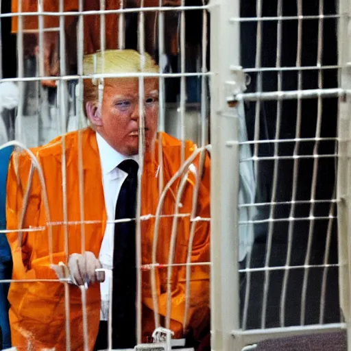 Prompt: a beautifull photographic still of donald trump in prison, orange prisonner uniform + filthy and humid prison, natural prison light, by terry richardson