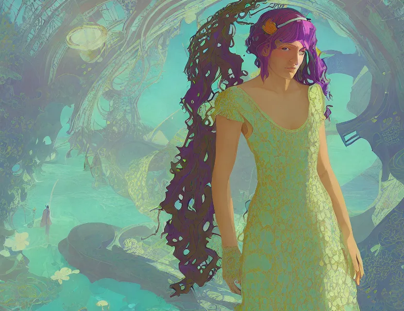 Prompt: girl in a lace dress in solarpunk atlantis. complementary colors, gouache, indie concept art, bloom, chiaroscuro, backlighting, intricate details.