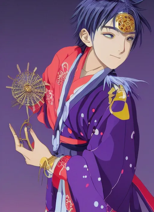 Image similar to teenager boy with straight indigo hair, purple eyes with red eye markers, slim body, wearing a detailed Japanese kimono with golden armpieces, holding a pair of fans. rich vivid colors, ambient lighting, dynamic lighting, 4k, official media, anime key visual, makoto shinkai, ilya kuvshinov, lois van baarle, rossdraws, detailed, trending on artstation