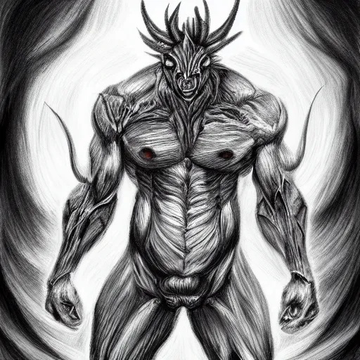 Prompt: full body grayscale drawing by Anato Finnstark of muscled horned humanoid beast, swirling flames