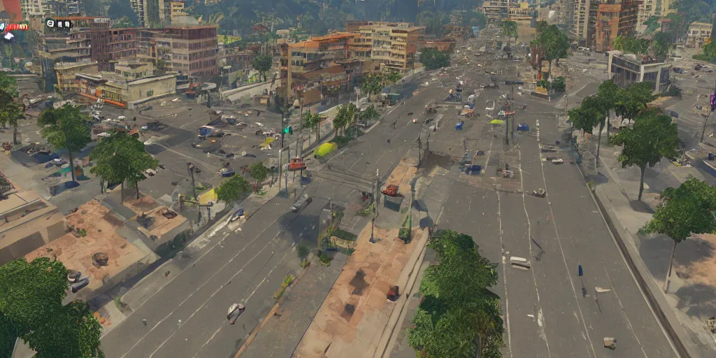 Image similar to guatemala city if it was a game like grand theft auto v with player view perspective, hud, with realistic visuals and award winning gameplay