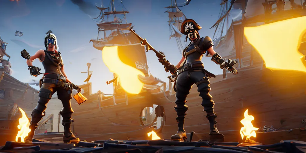 Image similar to A screenshot of a fortnite pirate standing on the front of the ghost ship with the black Jolly Roger flag, in Fortnite, extremely detailed, pirate portrait, fantasy art overwatch and heartstone, cgsociety, artstation hq, octane render, 8k, Unreal Engine, 4K UHD, RTX, DLSS,