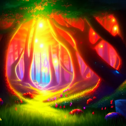 Image similar to enchanted magical forest on magical colorful fire , digital painting , digital art , artstation , devian art , 4k , HD