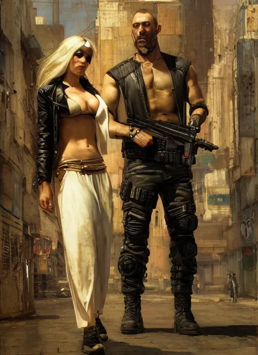 Prompt: big mike and maria. Cyberpunk mercenaries. cyberpunk meathead and assassin wearing military vests and combat gear. (Cyberpunk 2077, bladerunner 2049). Iranian orientalist portrait by john william waterhouse and Edwin Longsden Long and Theodore Ralli and Nasreddine Dinet, oil on canvas. Cinematic, hyper realism, realistic proportions, dramatic lighting, high detail 4k