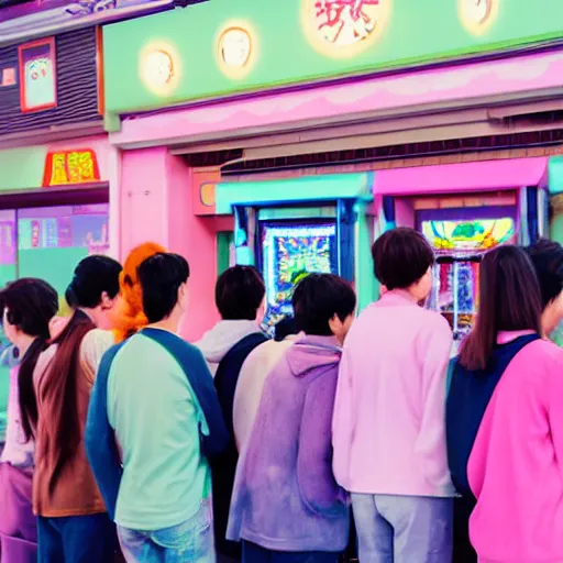 Image similar to a bunch of people at a japanese arcade pastel colors