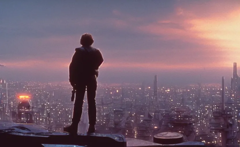 Prompt: iconic wide cinematic screen shot of luke skywalker downtrodden standing with a view of coruscant at sunset, from the thrilling scene from the 1 9 9 0 s sci fi film directed by stanley kubrick, moody cinematography, foggy volumetric lighting, hyper detailed scene, anamorphic lenses 2 4 mm, lens flare, award winning