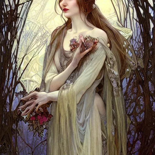 Prompt: realistic detailed face portrait of a ethereal ghostly fairy tale Snow Witch among the bare winter trees by Alphonse Mucha, Ayami Kojima, Amano, Charlie Bowater, Karol Bak, Greg Hildebrandt, Jean Delville, and Mark Brooks, Art Nouveau, Neo-Gothic, gothic, rich deep moody colors